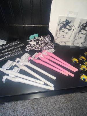 NOVELTY ITEMS, FLAMINGO PENS, ROSIE THE RIVETER KEYCHAINS & DECALS, HAIR SCRUNCHIES, LOUD PIPE KEY CHAINS