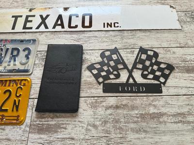 METAL SIGN, LICENSE PLATES AND AUTO INSURANCE/REGISTRATION HOLDER