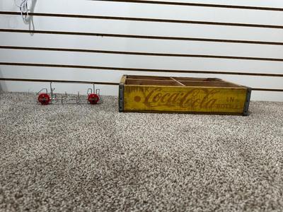 COCA-COLA WOODEN CRATE AND METAL HOLDER