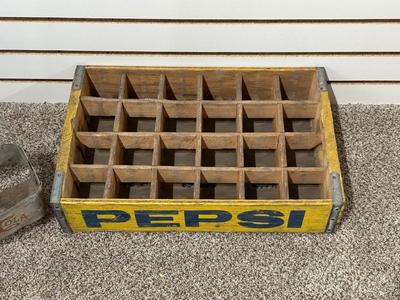 PEPSI WOODEN CRATE AND TIN SMALL BOTTLE HOLDER