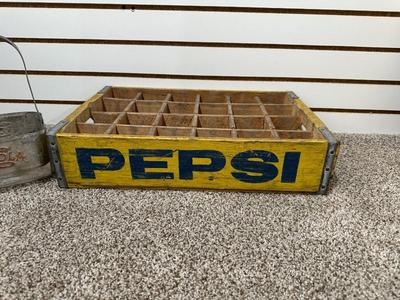 PEPSI WOODEN CRATE AND TIN SMALL BOTTLE HOLDER