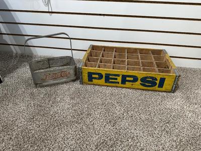 PEPSI WOODEN CRATE AND TIN SMALL BOTTLE HOLDER