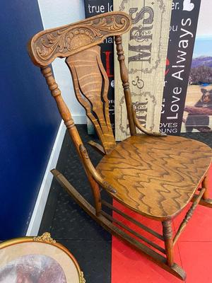 ANTIQUE ROCKING CHAIR AND FRAMED ART