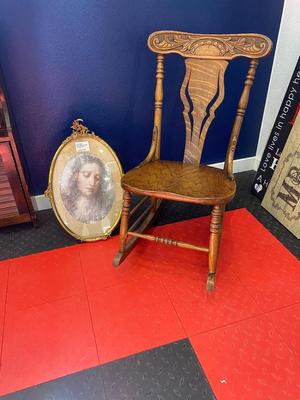 ANTIQUE ROCKING CHAIR AND FRAMED ART