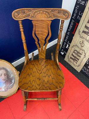 ANTIQUE ROCKING CHAIR AND FRAMED ART