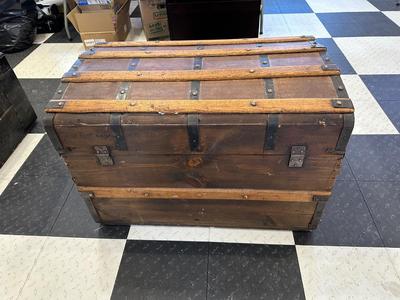 ANTIQUE WOODEN TRUNK WITH IRON ACCENTS