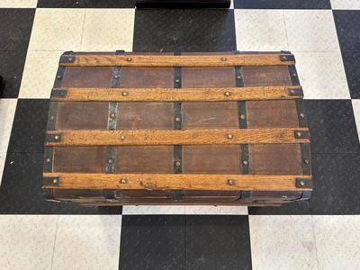 ANTIQUE WOODEN TRUNK WITH IRON ACCENTS