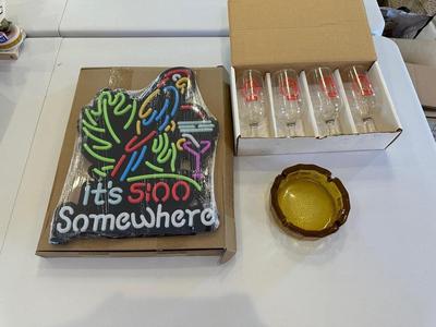 LED/NEON "IT'S 5:00 SOMEWHERE" SIGN, COORS STEMMED BEER GLASSES AND AMBER GLASS ASHTRAY