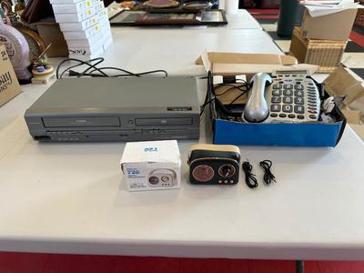 MAGNAVOX COMBO VHS/DVD PLAYER, TELEPHONE AND A SMALL BLUETOOTH RADIO