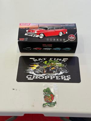1955 CHEVY WAGON RADIO, RAT FINK LICENSE PLATE AND SEW/IRON ON PATCH