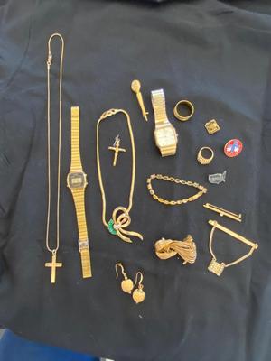 GOLD TONE COSTUME JEWELRY, AND MEN’S ELGIN WATCH.