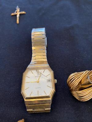 GOLD TONE COSTUME JEWELRY, AND MEN’S ELGIN WATCH.