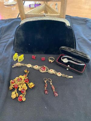 PARAY CLUTCH, WIND UP WATCH, BROOCH, CHOKER, AND EARRINGS