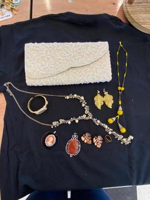 LA REGALE CLUTCH AND COSTUME JEWELRY SOME FOR REPAIR OR REPURPOSE