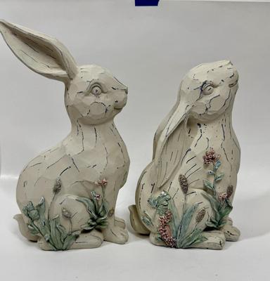 Floral Bunny Rabbit Pair - Wood like resin - Great condition