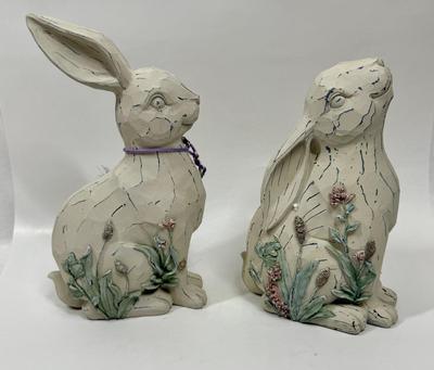 Floral Bunny Rabbit Pair - Wood like resin - Great condition