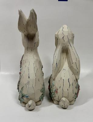 Floral Bunny Rabbit Pair - Wood like resin - Great condition