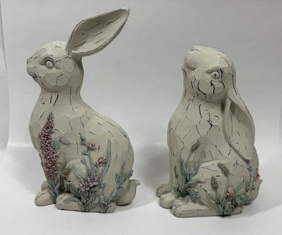 Floral Bunny Rabbit Pair - Wood like resin - Great condition