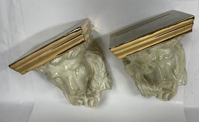 2 Vintage Painted Gold Plaster Lion Head Wall Decor Shelf