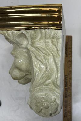 2 Vintage Painted Gold Plaster Lion Head Wall Decor Shelf