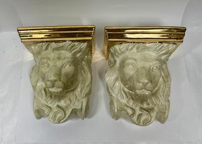 2 Vintage Painted Gold Plaster Lion Head Wall Decor Shelf