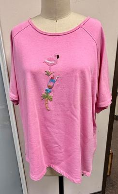 Womens Quacker Factory Pink size 1X Shirt with Flamingo & Cocktail beaded Design