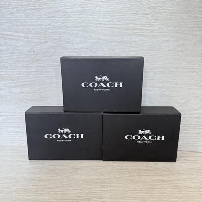 LOT 381D: Black Coach Gift Boxes & Cloth Bags w/ Leather Tags
