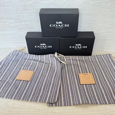 LOT 381D: Black Coach Gift Boxes & Cloth Bags w/ Leather Tags