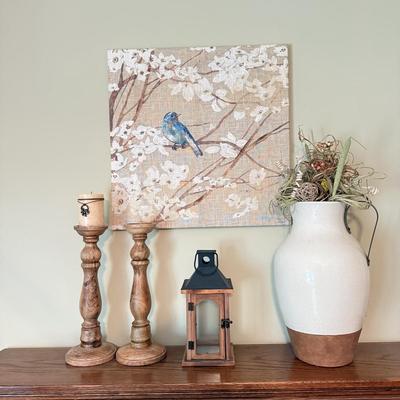 LOT 391F: Home Decor Collection: Bird Artwork, Wood Lantern & Wood Candlesticks