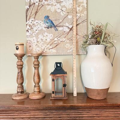 LOT 391F: Home Decor Collection: Bird Artwork, Wood Lantern & Wood Candlesticks