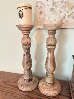 LOT 391F: Home Decor Collection: Bird Artwork, Wood Lantern & Wood Candlesticks