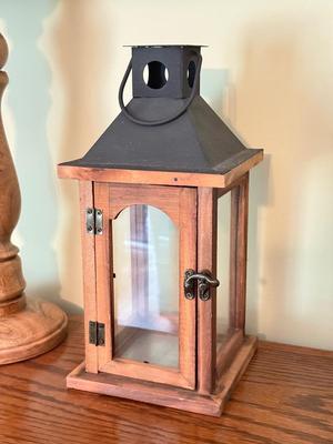 LOT 391F: Home Decor Collection: Bird Artwork, Wood Lantern & Wood Candlesticks
