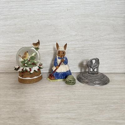 LOT 398K: Vintage Royal Doulton “Mrs Bunnykins: Clean Sweep” Bone China Figurine, Wade Whimsies Turtle, Hallmark Cardinal Snowglobe &...