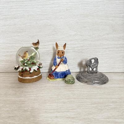 LOT 398K: Vintage Royal Doulton “Mrs Bunnykins: Clean Sweep” Bone China Figurine, Wade Whimsies Turtle, Hallmark Cardinal Snowglobe &...