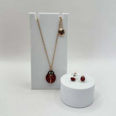LOT 344J: 19” Betsey Johnson Ladybug Pendant Necklace w/ Matching Pierced Earrings