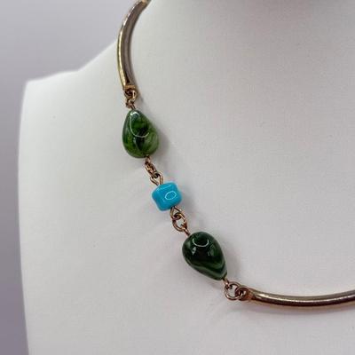 LOT 346J: 15.5” Sarah Coventry Green Blue Bead Necklace & 16” Lucky Horseshoe Pendant Necklace