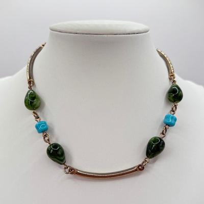 LOT 346J: 15.5” Sarah Coventry Green Blue Bead Necklace & 16” Lucky Horseshoe Pendant Necklace