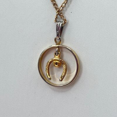 LOT 346J: 15.5” Sarah Coventry Green Blue Bead Necklace & 16” Lucky Horseshoe Pendant Necklace