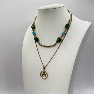 LOT 346J: 15.5” Sarah Coventry Green Blue Bead Necklace & 16” Lucky Horseshoe Pendant Necklace
