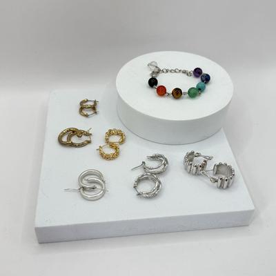 LOT 348J: 6.5” Beaded Bracelet w/ 6 Pairs of Pierced Hoop Earrings: Monet Plated, Bamboo Design & More