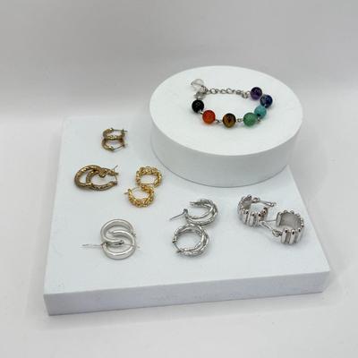 LOT 348J: 6.5” Beaded Bracelet w/ 6 Pairs of Pierced Hoop Earrings: Monet Plated, Bamboo Design & More