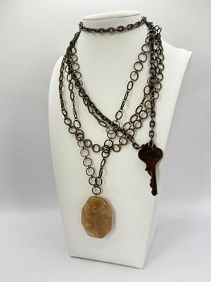 LOT 349J: 16” Tri-Chain Brass Tone Stone Pendant Necklace & 26” Copper Tone Chain w/ “Remember” Key