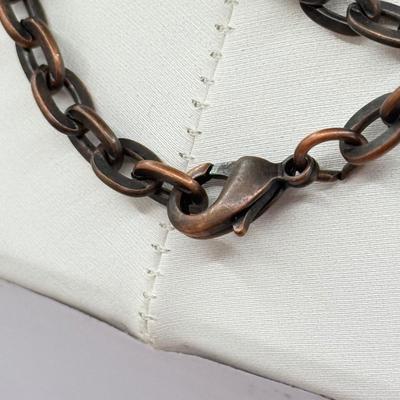 LOT 349J: 16” Tri-Chain Brass Tone Stone Pendant Necklace & 26” Copper Tone Chain w/ “Remember” Key