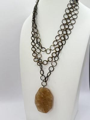 LOT 349J: 16” Tri-Chain Brass Tone Stone Pendant Necklace & 26” Copper Tone Chain w/ “Remember” Key