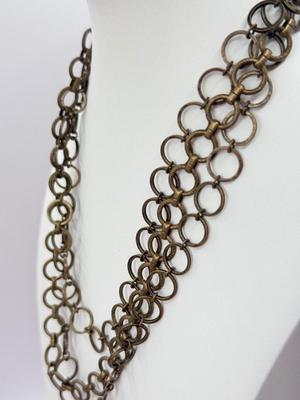 LOT 349J: 16” Tri-Chain Brass Tone Stone Pendant Necklace & 26” Copper Tone Chain w/ “Remember” Key