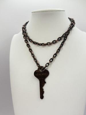 LOT 349J: 16” Tri-Chain Brass Tone Stone Pendant Necklace & 26” Copper Tone Chain w/ “Remember” Key