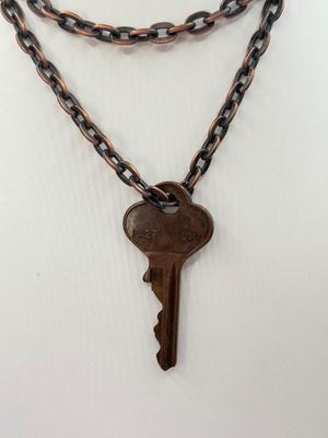LOT 349J: 16” Tri-Chain Brass Tone Stone Pendant Necklace & 26” Copper Tone Chain w/ “Remember” Key