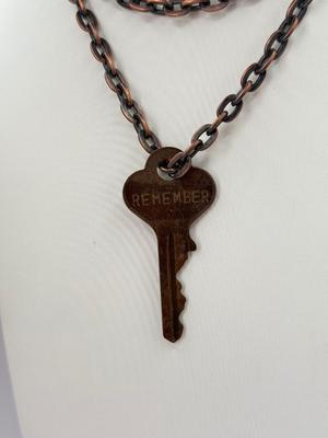 LOT 349J: 16” Tri-Chain Brass Tone Stone Pendant Necklace & 26” Copper Tone Chain w/ “Remember” Key