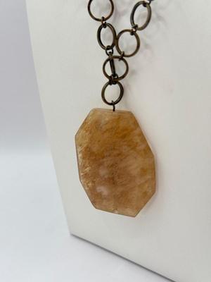 LOT 349J: 16” Tri-Chain Brass Tone Stone Pendant Necklace & 26” Copper Tone Chain w/ “Remember” Key