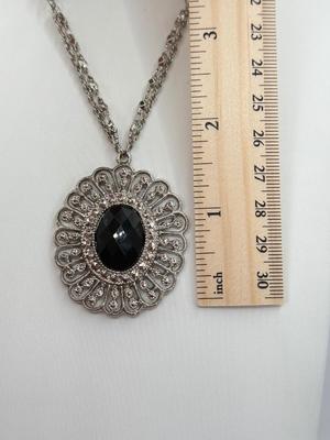 LOT 350J: 20” Trifari Silver Tone Marcasite Pendant Necklace, 19” 1928 Silver Tone Flower Pendant Necklace & 20” Metal Link Chain